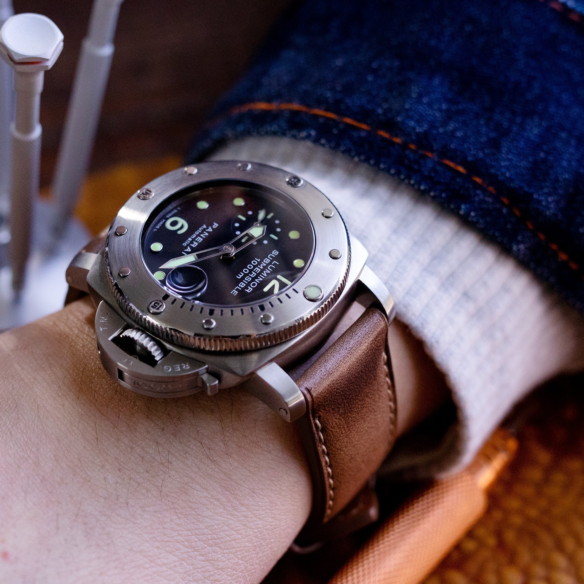 Pam Collection, Vintage Brown Horween Chromexcel Leather Watch Strap for Panerai, Beige Stitching - Image 6