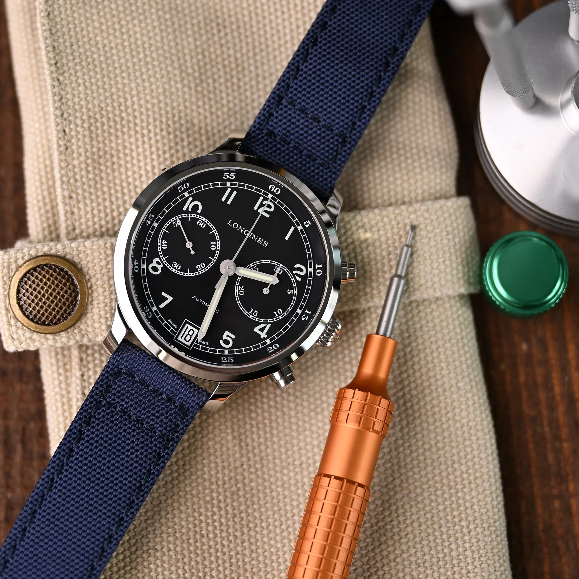 Q.R. Navy Blue Sailcloth Watch Band with leather lining, 19mm, 20mm or 23mm - Image 4